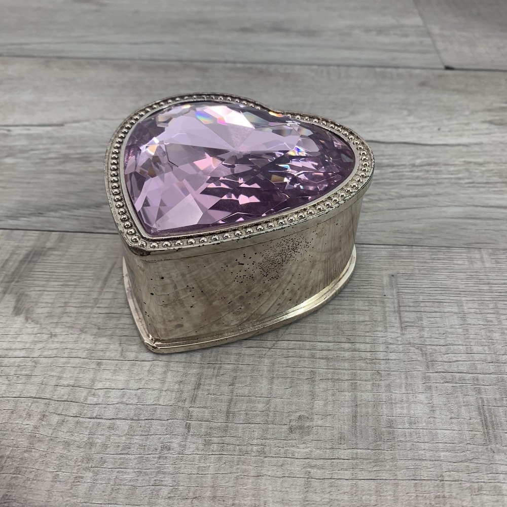 Vintage Round Pink Heart Faceted Glass Silver Tone Jewelry/Trinket Box - Picture 4 of 8